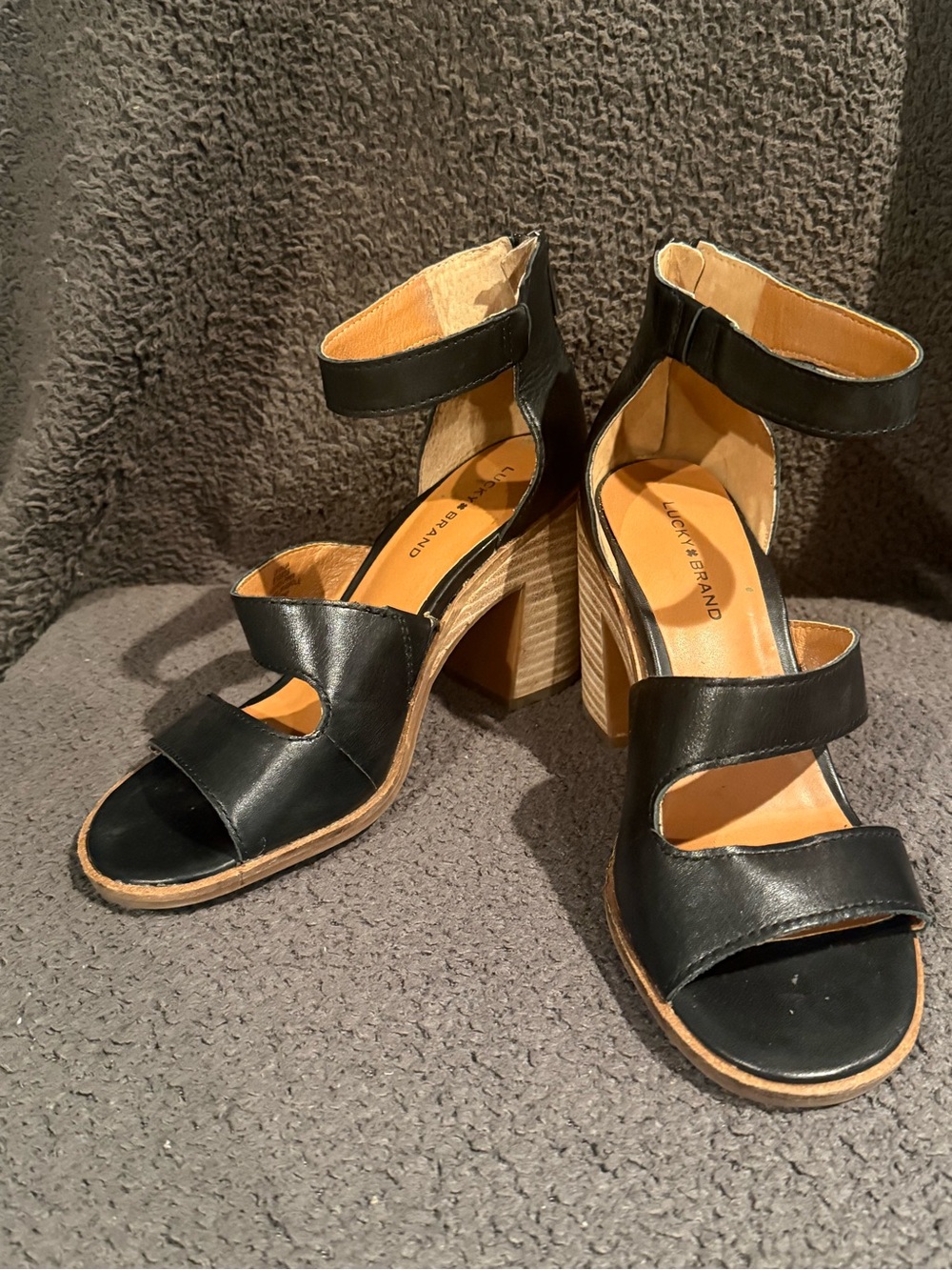 Lucky Brand Black Leather Ankle-Strap Block Heel Sandals